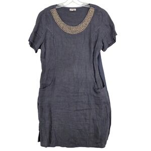 Lina Tomei Women Large Linen Short Sleeve Dress Beaded Collar Navy Pockets Italy